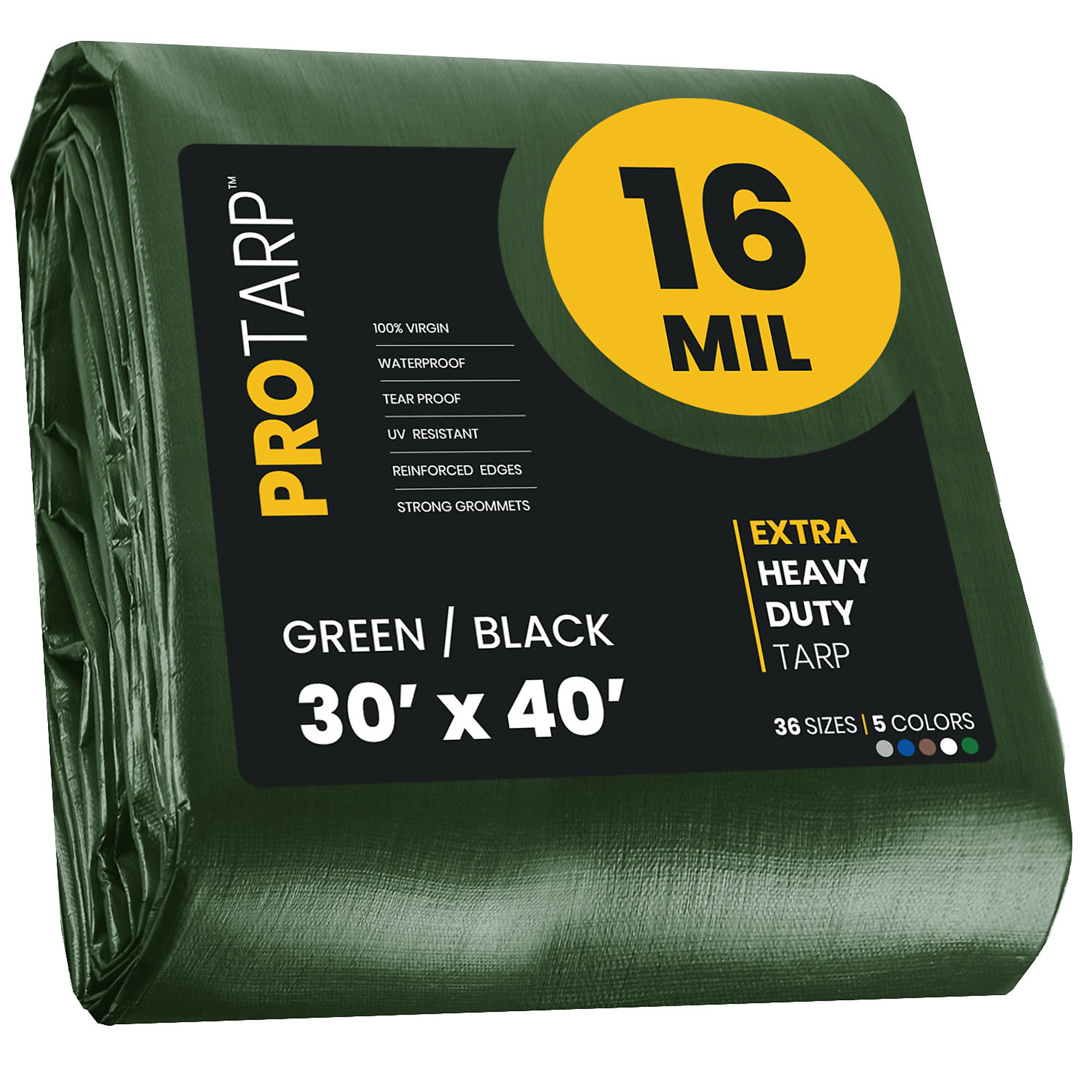 PROTARP Extra Heavy Duty 16 Mil Tarp Cover, Waterproof, UV Resistant, Rip and Tear Proof, Poly Tarpaulin with Reinforced Edges for Roof, Camping, Patio, Pool , Boat. (Green/Black 30' X 40')